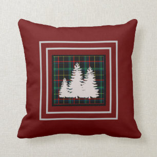 Burgundy Green Tartan  Plaid Pine Tree  Silhouette Cushion