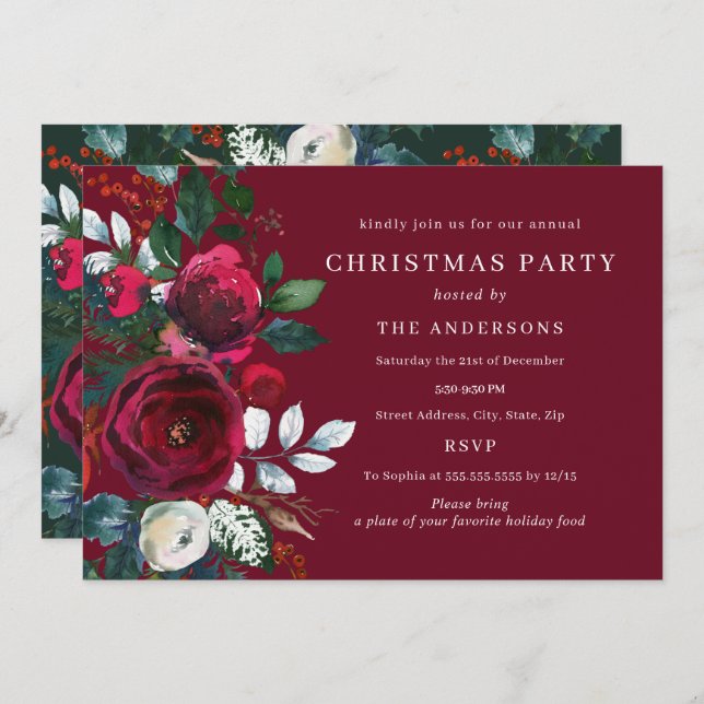 Burgundy Green Winter Foliage Christmas Party Invitation (Front/Back)