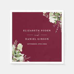 Burgundy Greenery Floral Elegant Names Date Napkin