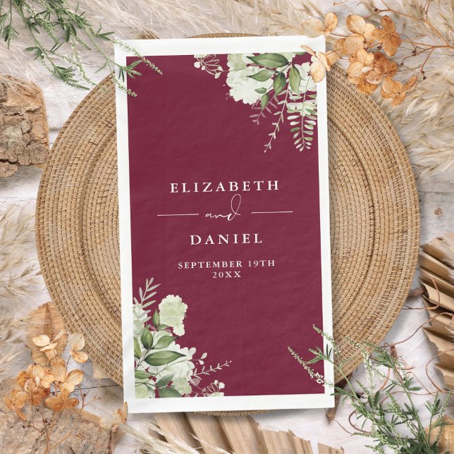 Burgundy Greenery Floral Elegant Wedding Napkin (Burgundy Greenery Floral Elegant Wedding Paper Guest Towels)