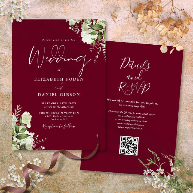Burgundy Greenery Floral QR Code Wedding Invitation (Burgundy Greenery Floral QR Code Wedding Invitation)