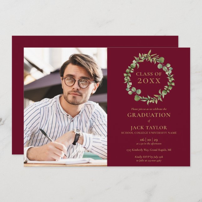 Burgundy Greenery Garland Photo Graduation Party I Invitation (Front/Back)