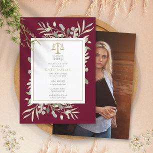 Burgundy Greenery Law School Graduation Photo Invi Invitation