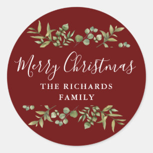 Burgundy Greenery Merry Christmas Family Name Classic Round Sticker