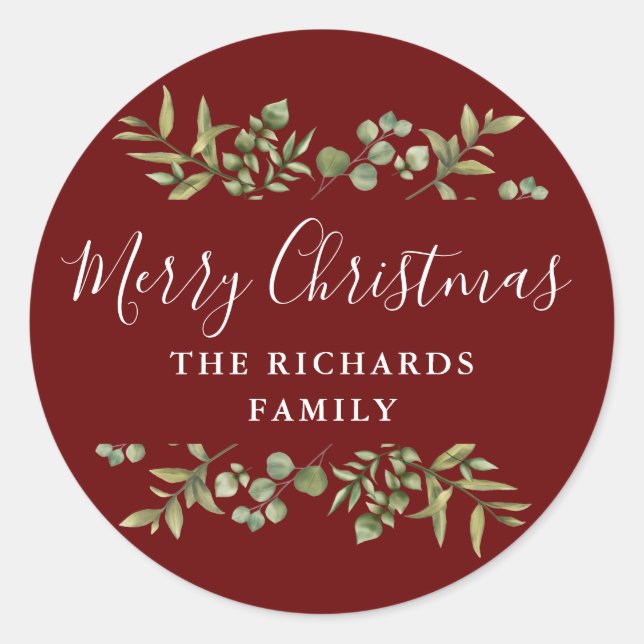 Burgundy Greenery Merry Christmas Family Name Classic Round Sticker (Front)