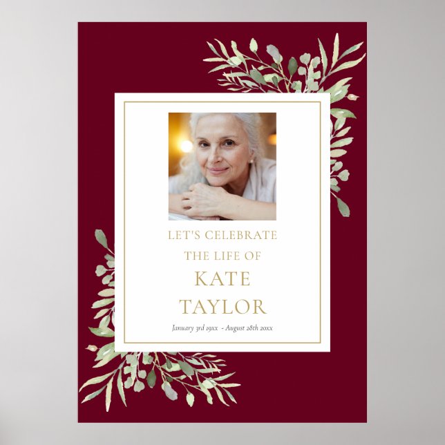 Burgundy Greenery Photo Celebration of Life Sign (Front)