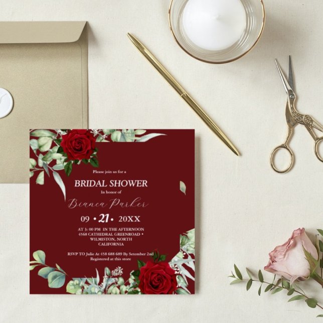 Burgundy greenery Square Bridal Shower Invitation (Creator Uploaded)