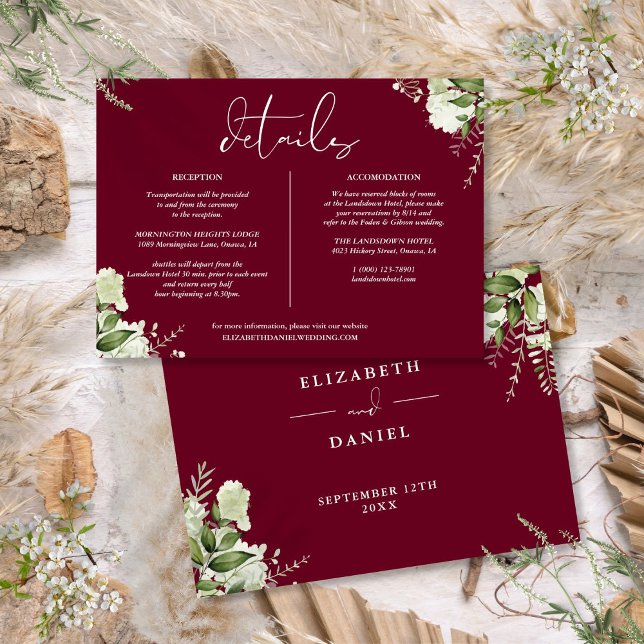 Burgundy Greenery Wedding Details Information Invitation (Burgundy Greenery Wedding Details Information Invitation)