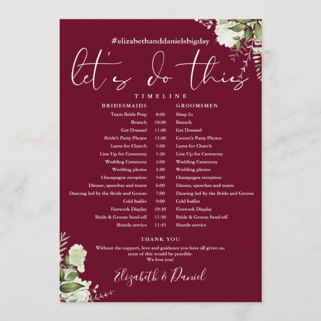 Burgundy Greenery Wedding Schedule Timeline Program (Front)