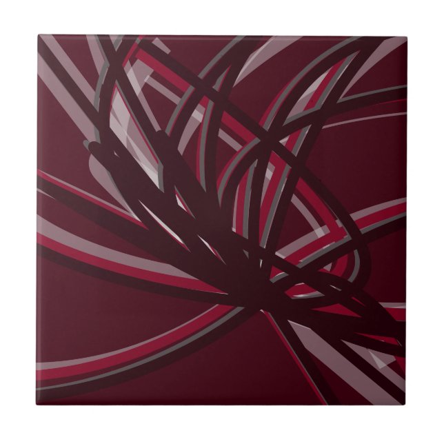 Burgundy & Grey Abstract Ribbons Ceramic Tile (Front)