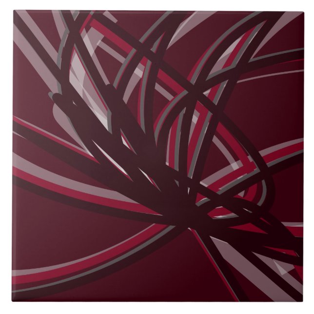 Burgundy & Grey Abstract Ribbons | Large Ceramic Tile (Front)
