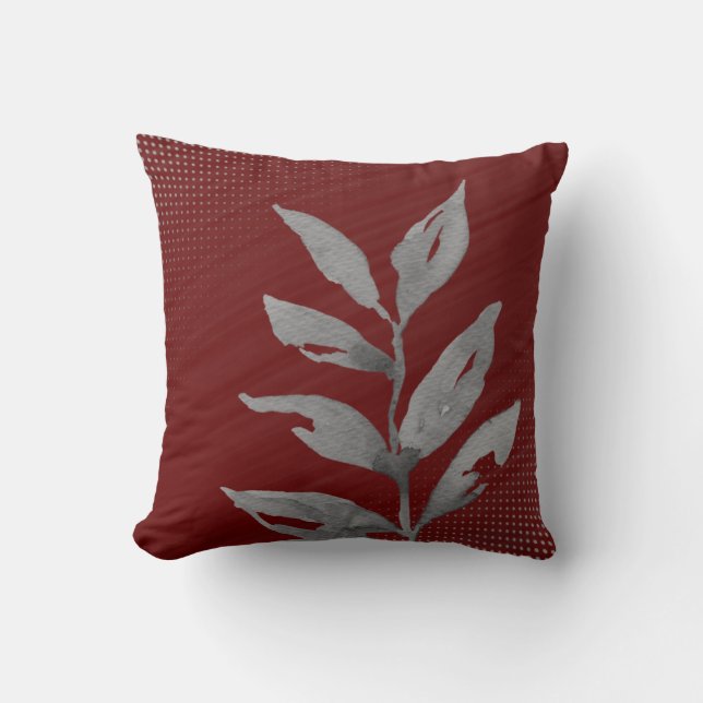 Burgundy & Grey Abstract Simple Watercolor Leaf Cushion (Front)