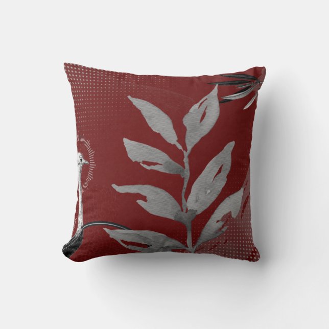 Burgundy & Grey Abstract Watercolor Leaves Ostrich Cushion (Front)