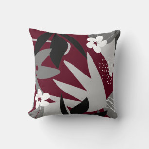 Burgundy & Grey Artistic Abstract Floral Pattern Cushion