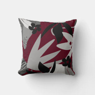 Burgundy & Grey Artistic Abstract Leaves Cushion