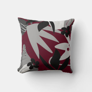 Burgundy & Grey Artistic Abstract Tropical Cushion