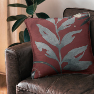 Burgundy & Grey Artistic Watercolor Leaves Cushion