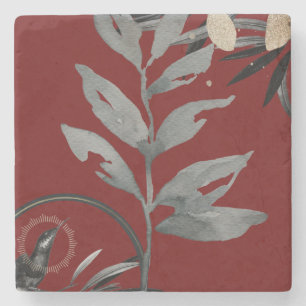 Burgundy & Grey Artistic Watercolor Leaves Stone Coaster