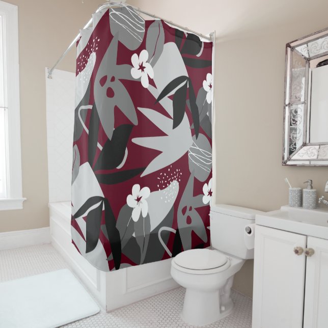 Burgundy Grey Black & White Modern Botanical Shower Curtain (In Situ)