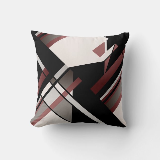 Burgundy Grey Black White Slanted Geometric Design Cushion (Front)