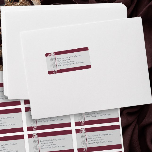 Burgundy Grey Botanical Foliage RSVP Address Label (RSVP envelope address labels in burgundy and grey from the Foliage Duet Collection by Darling & May)