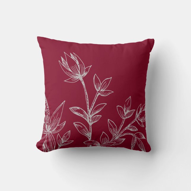 Burgundy & Grey Botanical | Rhatany Flowers Cushion (Front)