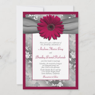 Burgundy Grey Daisy Floral Damask Wedding Invitation