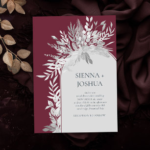 Burgundy Grey Elegant Botanical Arch Wedding Invitation
