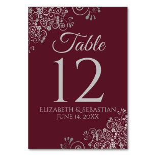 Burgundy & Grey Elegant Filigree Wedding Table Number