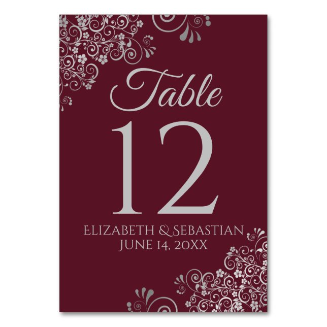 Burgundy & Grey Elegant Filigree Wedding Table Number (Back)