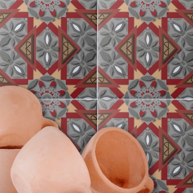 Burgundy Grey Ethnic Mosaic Arabesque Pattern Ceramic Tile (Creator Uploaded)