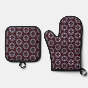 Burgundy & Grey Floral Painted Quilt Oven Mitt & Pot Holder Set