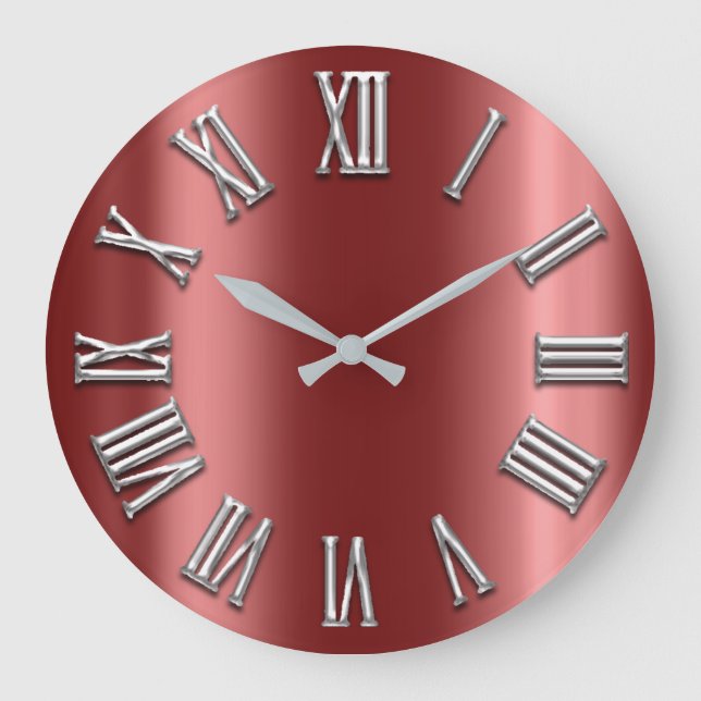 Burgundy  Grey Metallic Grey Silver Roman Number Large Clock (Front)
