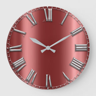 Burgundy Grey Metallic Red Silver Roman Numbers Large Clock