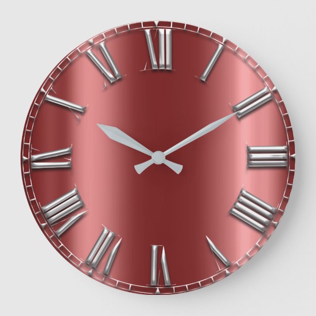 Burgundy Grey Metallic Red Silver Roman Numbers Large Clock (Front)