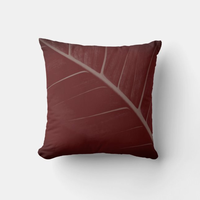 Burgundy & Grey Minimalist Macro Leaf Cushion (Front)