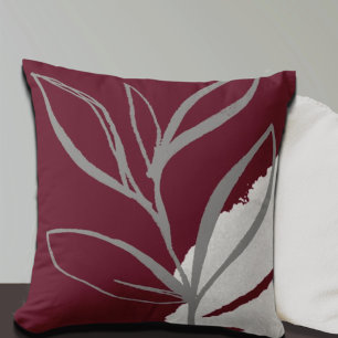 Burgundy & Grey Minimalist Watercolor Leaves Cushion