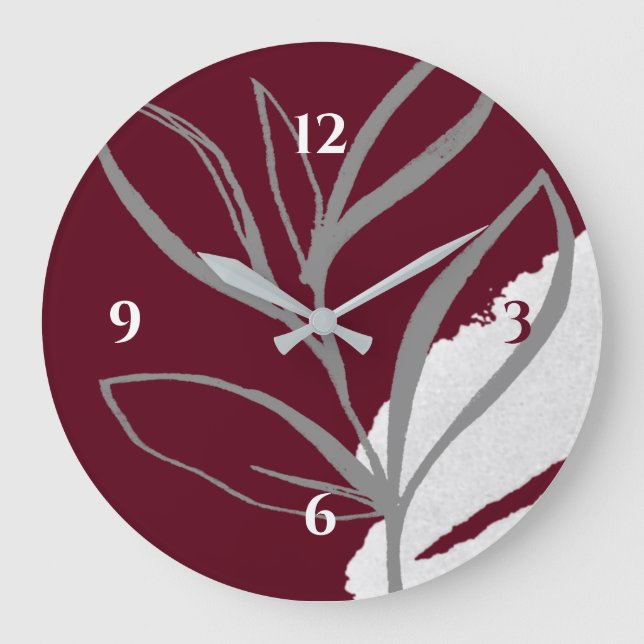 Burgundy & Grey Minimalist Watercolor Leaves Large Clock (Front)