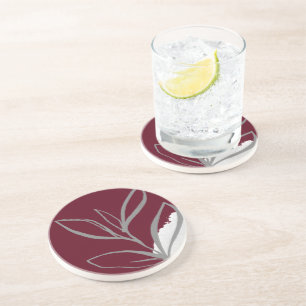 Burgundy & Grey Minimalist Watercolor Leaves Stone Coaster