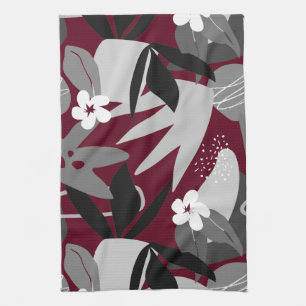 Burgundy & Grey Modern Tropical Leaf Pattern Tea Towel