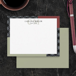 Burgundy Grey Plaid Colorblock Monogram Name City Card