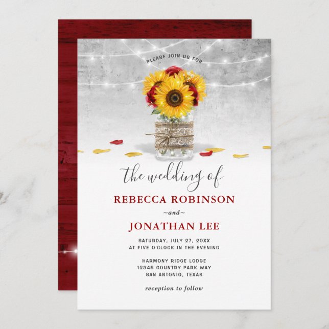 Burgundy Grey Red Rose Sunflower Rustic Wedding Invitation (Front/Back)