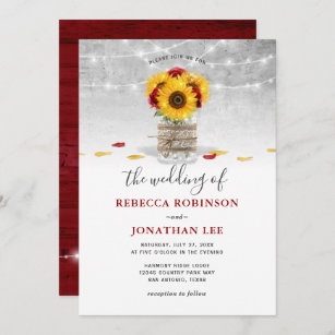 Burgundy Grey Red Rose Sunflower Rustic Wedding Invitation