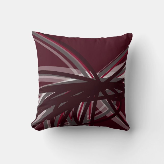 Burgundy Grey & White Artistic Abstract Ribbons Cushion (Front)