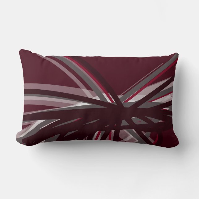 Burgundy Grey & White Artistic Abstract Ribbons Lumbar Cushion (Front)