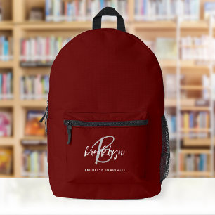 Burgundy Grey White Script Monogram Name Printed Backpack