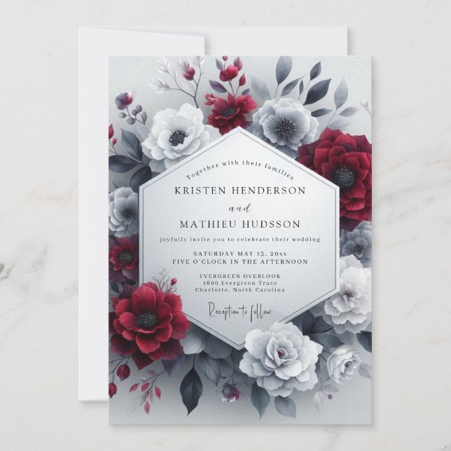 Burgundy Greyscale Bloom Wedding Invitation (Front)