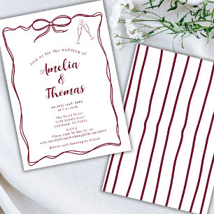 Burgundy Hand Draw Doodle Wavy Border Bow Wedding Invitation