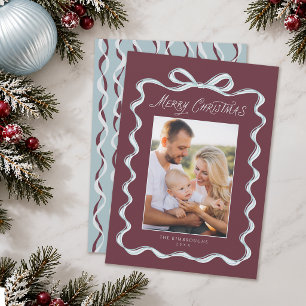 Burgundy Hand Drawn Bow Frame Family Photo Holiday Card