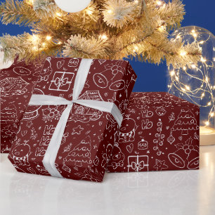 Burgundy Hand Drawn Christmas Doodles Wrapping Paper